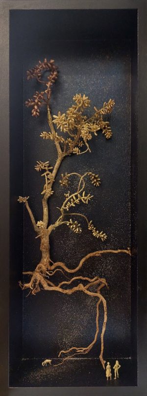 "arbre de vie" / personnages et succulentes en bronze et laiton, bois / 15 cm x 40 cm x 6 cm